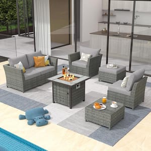 Fontainebleau Gray 7-Piece Wicker Outerdoor Patio Fire Pit Set with Drak Gray Cushions