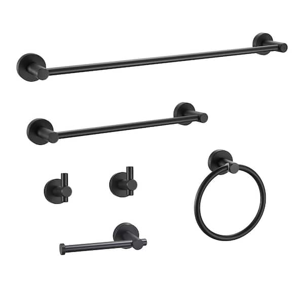 Modern 6-Pieces Aluminum Bath Hardware Set with Towel Ring Toilet Paper Holder Towel Hook and Towel Bar in Black