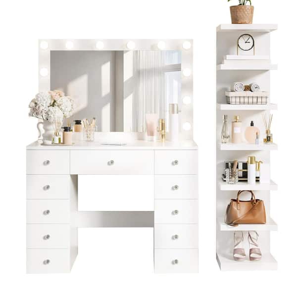 1-Piece White Makeup Vanity Desk with 11 Hollywood Bulbs, 11 Drawers & 7-Tier Storage Shelves, Power Outlet, 3 Color
