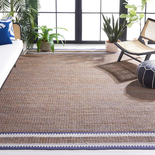 Natural Fiber Beige/Navy 6 ft. x 6 ft. Woven Border Square Area Rug