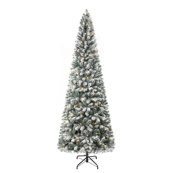 HOMESTOCK 7.5 ft Frosted Snow Flocked Prelit Slim Artificial Christmas Tree  with 1102 Branch Tips, 350 Warm Lights and Metal Stand 65512 - The Home  Depot