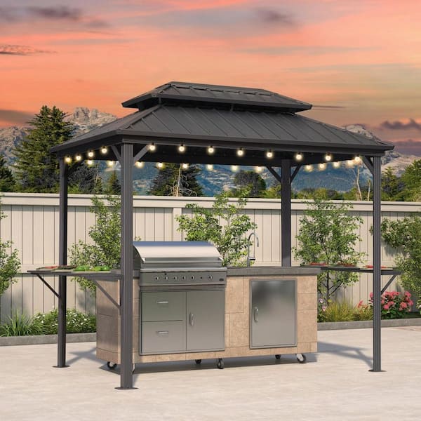 6 ft. x 9 ft. Hardtop Grill Gazebo for Patio Aluminum Barbecue Shelter Gazebo with Hooks,Shelves Double Tiered 24-Lights