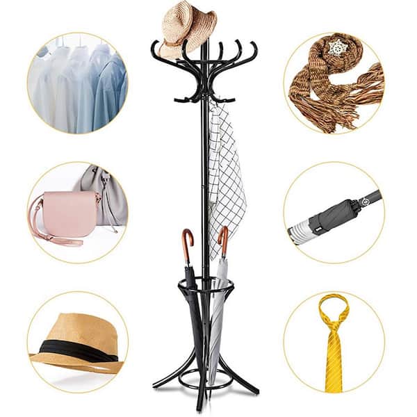 Clihome Black Wooden Standing Coat Rack Tree with 12 Hooks and