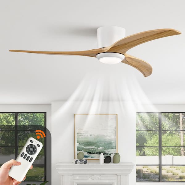 52 in. Standard White Flush Mount Ceiling Fan, Solid Wood Blades with Light, 6 Speed Noiseless Reversible Motor, Remote