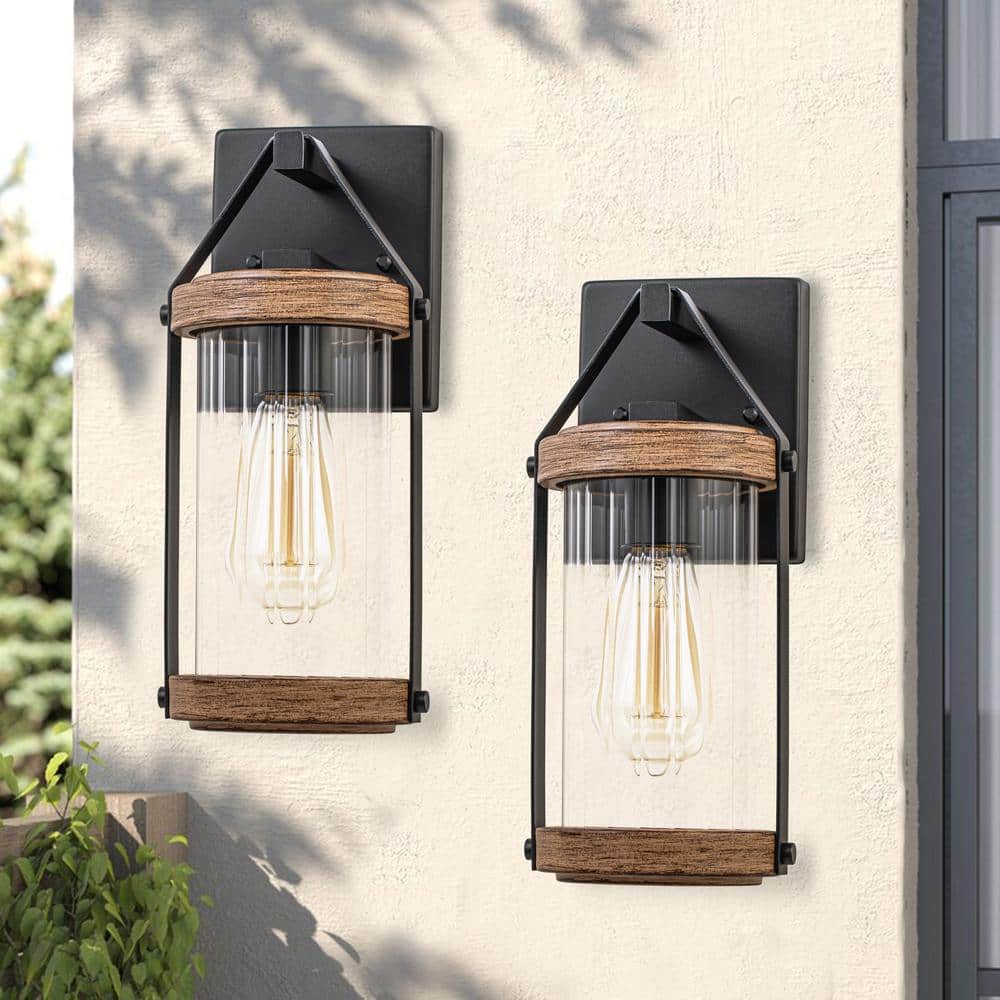 Medium Black and Woodgrain Metal Outdoor Lantern Sconce with Clear Glass