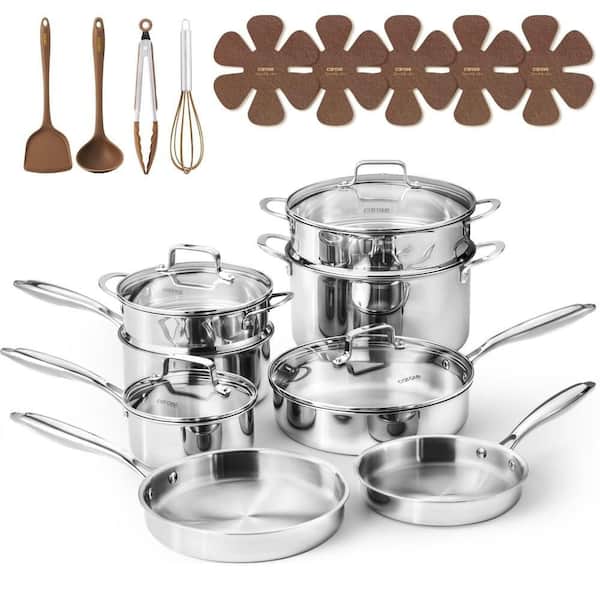 Silver 21 Piece Stainless Steel Cookware Set, Tri-Ply Fully Clad Non Toxic Induction Kitchen Pots and Pans Set