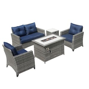 Gray 5-Piece Rattan Wicker Outdoor Conversation Patio Fire Pit Seating Sofa Set with Blue Cushions