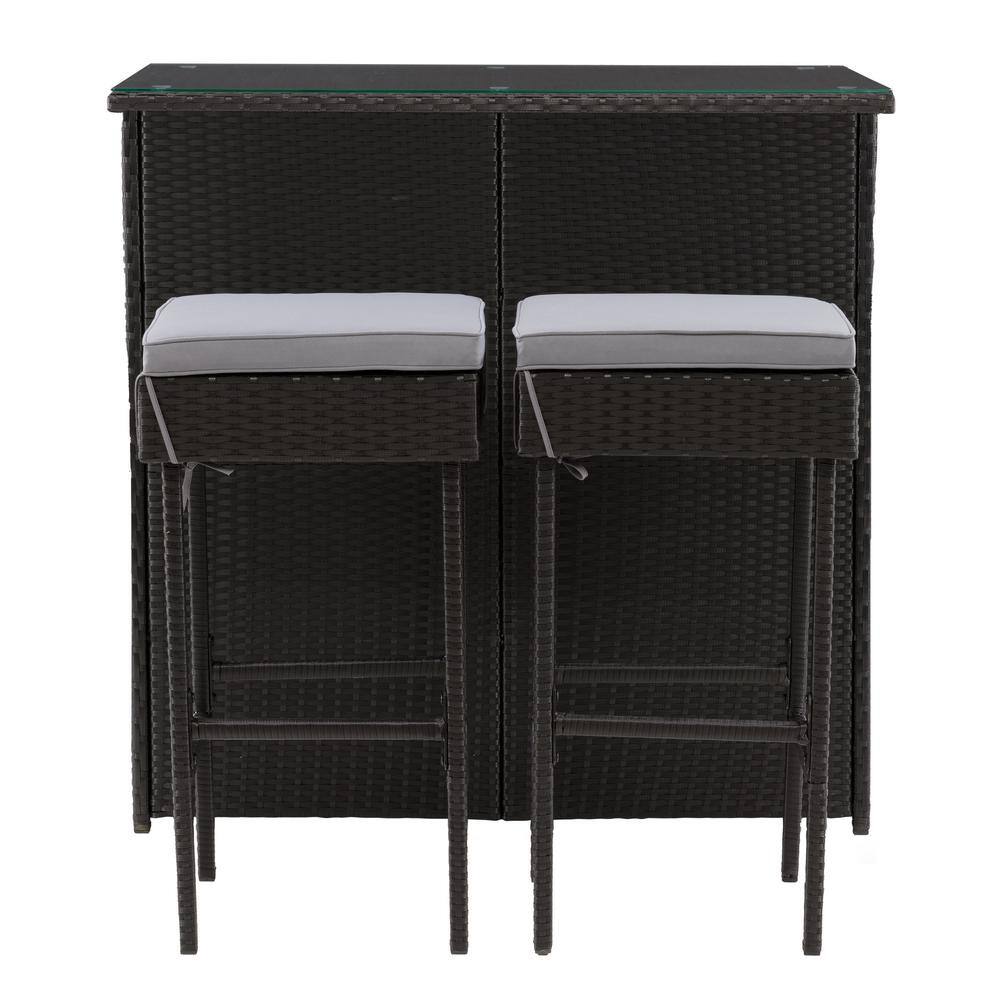 Parksville Black Resin Wicker and Steel Patio Bar Set with Grey Cushions