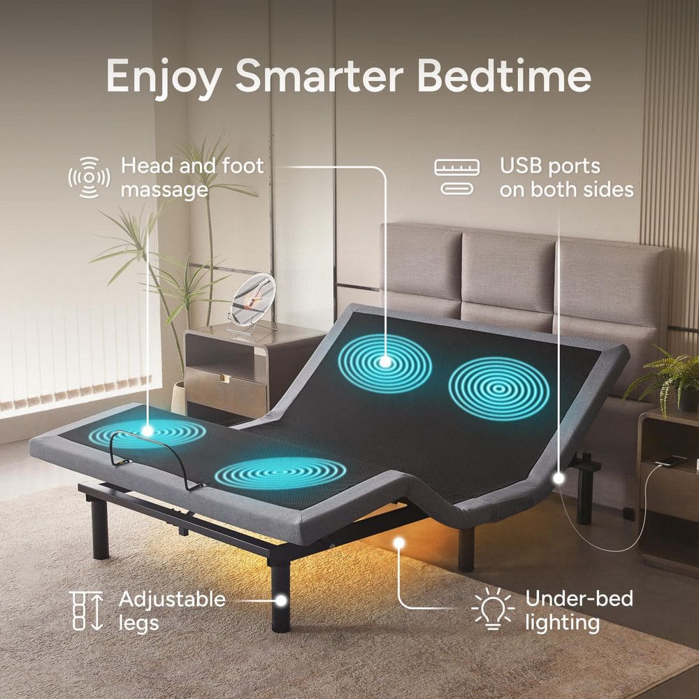 Gray King Adjustable Bed Frame, Massage, Wireless Remote/APP, USB Ports, Under-Bed Light, Head/Foot Incline - thumbnail 5