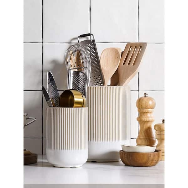 2-Piece Glaze White Ceramic Kitchen Utensil Holder, Large Cooking Utensil Organizer Crocks for Kitchen Countertop Decor