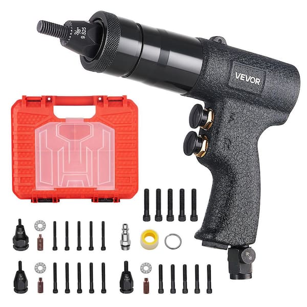 Pneumatic Rivet Nut Gun Kit w/ 1/4in. 5/16in. 10/24in. 3/8in., 20PCS Mandrels, 2500 LBS. Force, Forward & Reverse Switch