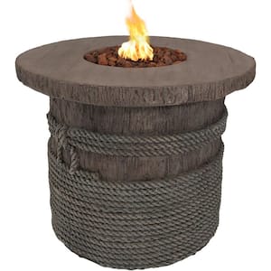 29 in. Round Fiberglass Rope and Barrel Propane Gas Fire Pit Table with Lava Rocks