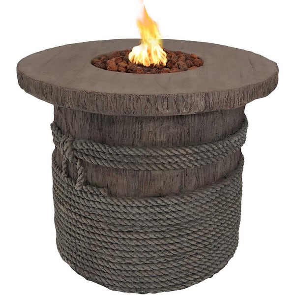 Sunnydaze 29 in. Round Fiberglass Rope and Barrel Propane Gas Fire Pit Table with Lava Rocks