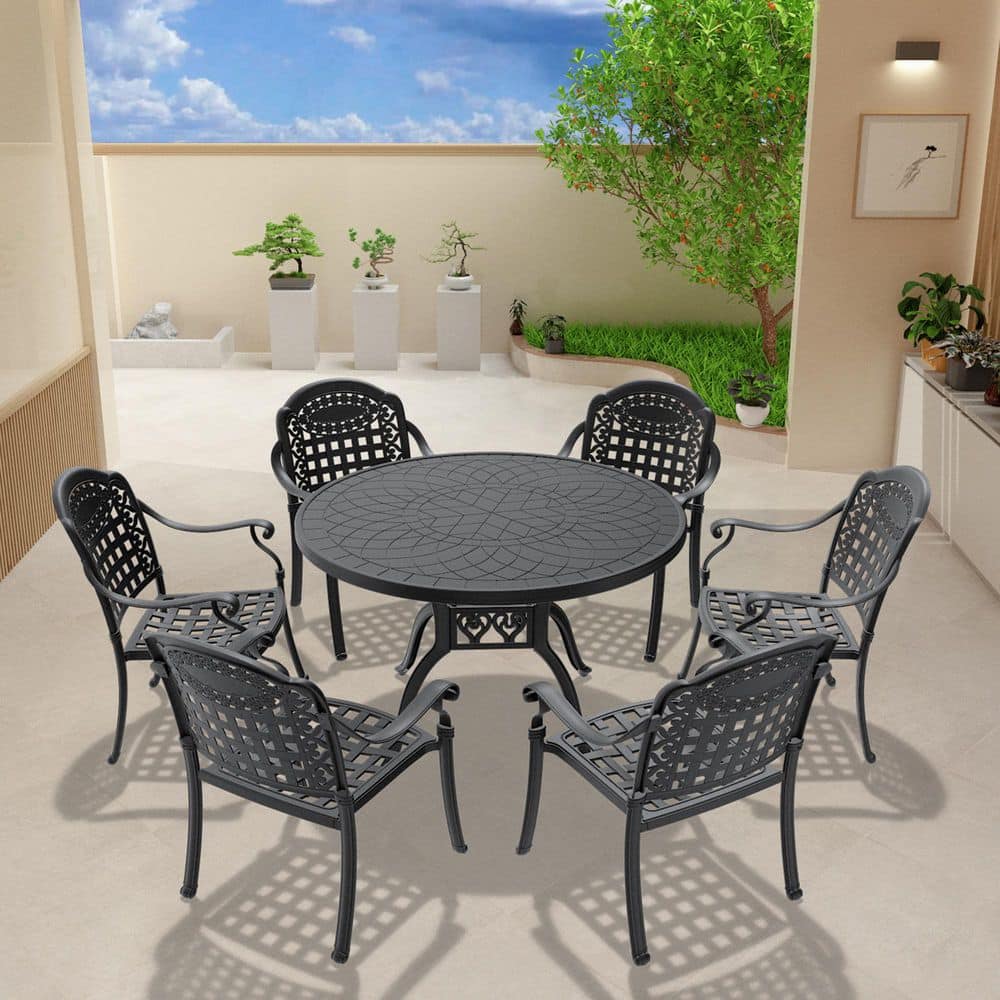 Black 7-Piece Cast Aluminum Outdoor Dining Set with Blue Cushions, Stackable Patio Furniture price history on PriceWatchPro