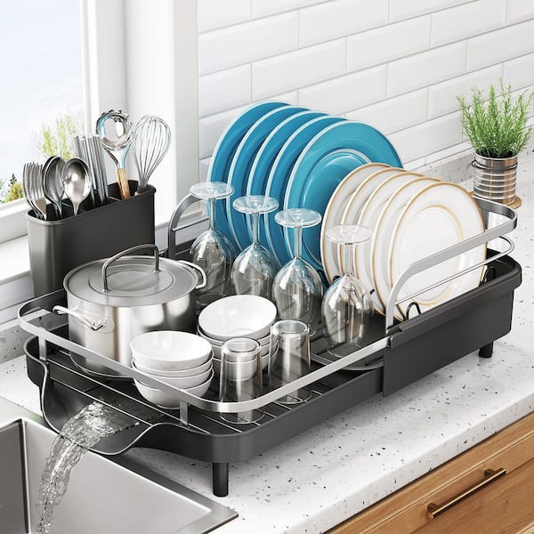 Black Stainless Steel Expandable Dish Drying Rack for Kitchen Counter with Drainboard Set and Utensil Holder