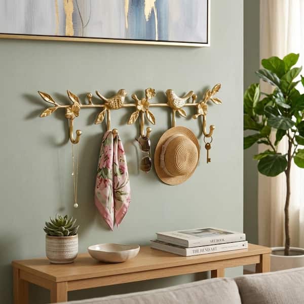17.25 in. x 1.5 in. Gold Birds and Flowers Wall Hook Decorative Wall Shelf