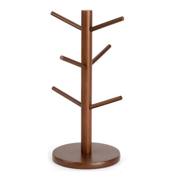 Wooden Series 6-Hook Brown Mug Tree Coffee Cup Holder Stand for Countertop Organizer Drying Rack
