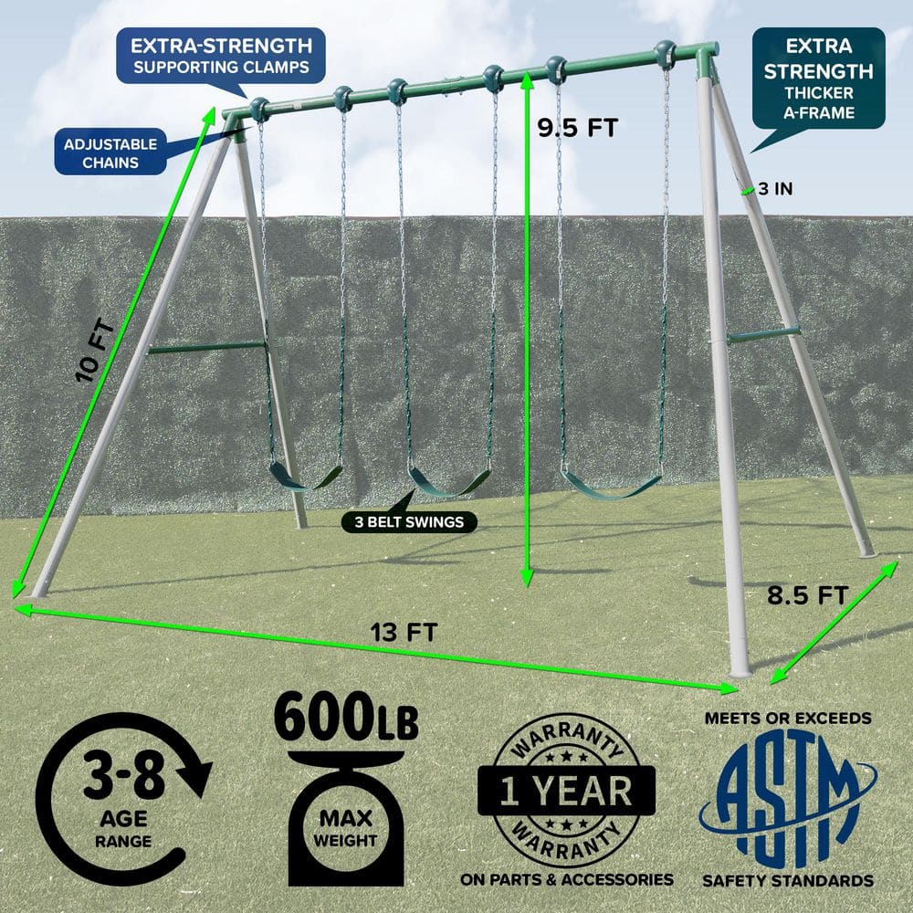 Everest 10ft White Metal Swing Set with 3 Adjustable Swings