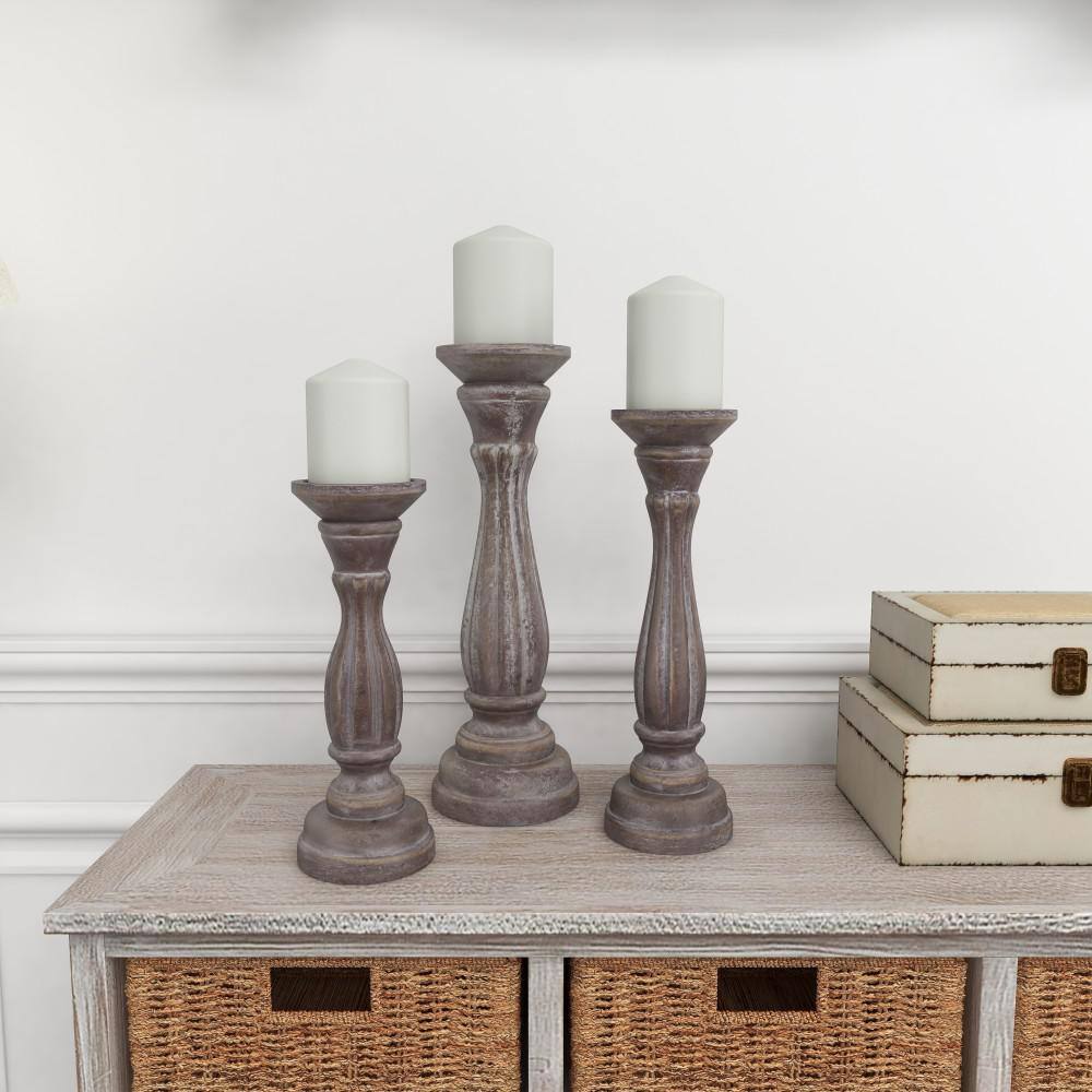 Rustic Brown Wood Ridge Embellished Candle Holder Set