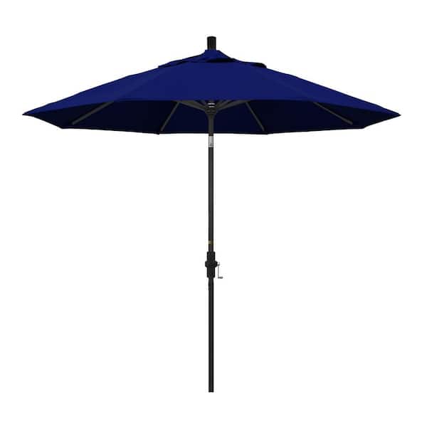 California Umbrella 9 ft. Stone Black Aluminum Collar Tilt Crank Lift Market Patio Umbrella in True Blue Sunbrella