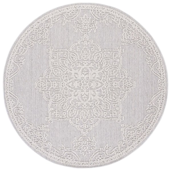 Global Gray/Ivory 7 ft. x 7 ft. Ornate Border Medallion Indoor/Outdoor Round Area Rug