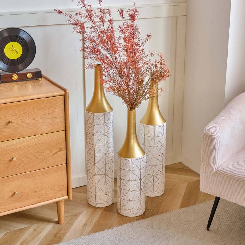 Metal White Gold Textured Cylindrical Vases, Floor Decorated Vase (Set of 3