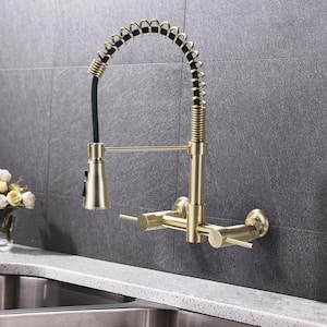 Double Handle Wall Mount Gooseneck Pull Down Sprayer Kitchen Faucet in Brushed Gold