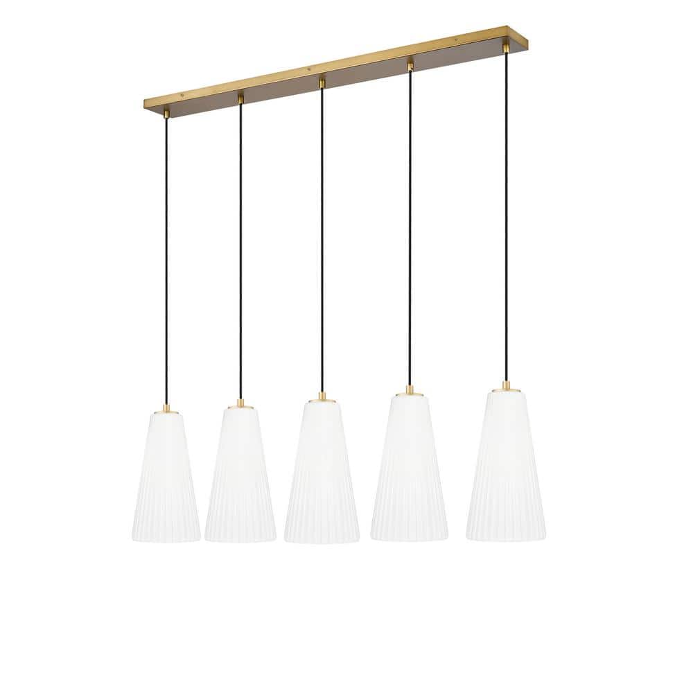 Modern Gold and Nickel 5-Light Linear Chandelier with Frosted Glass Shades