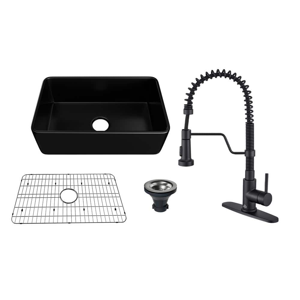 Matte Black Fireclay Single Bowl Farmhouse Sink with Faucet