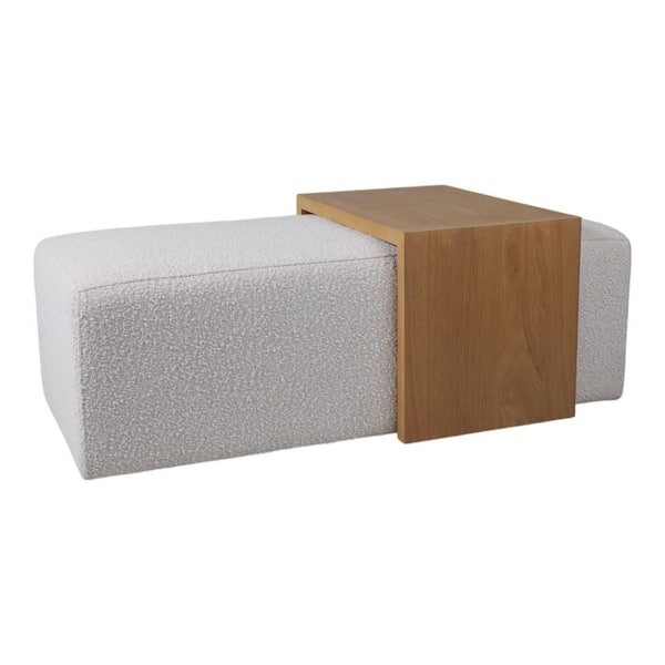 Ivory Modern Rectangular Ottoman with Wood Accent