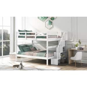 White Color Stairway Full-Over-Full Bunk Bed with Storage and Guard Rail for Bedroom, Dorm