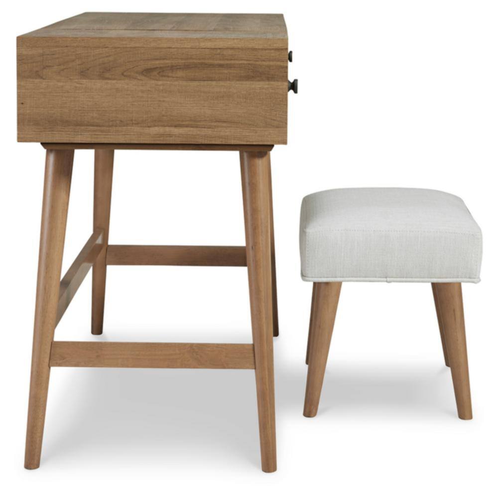 Light Brown and White 2-Drawer Vanity with Upholstered Stool