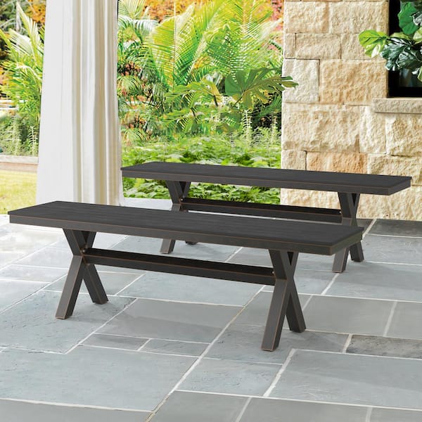 LUE BONA 60 in. Black Plastic Wood Aluminum Outdoor Patio Benches X-Leg Dining Seating for Garden Backyard (Set of 2)
