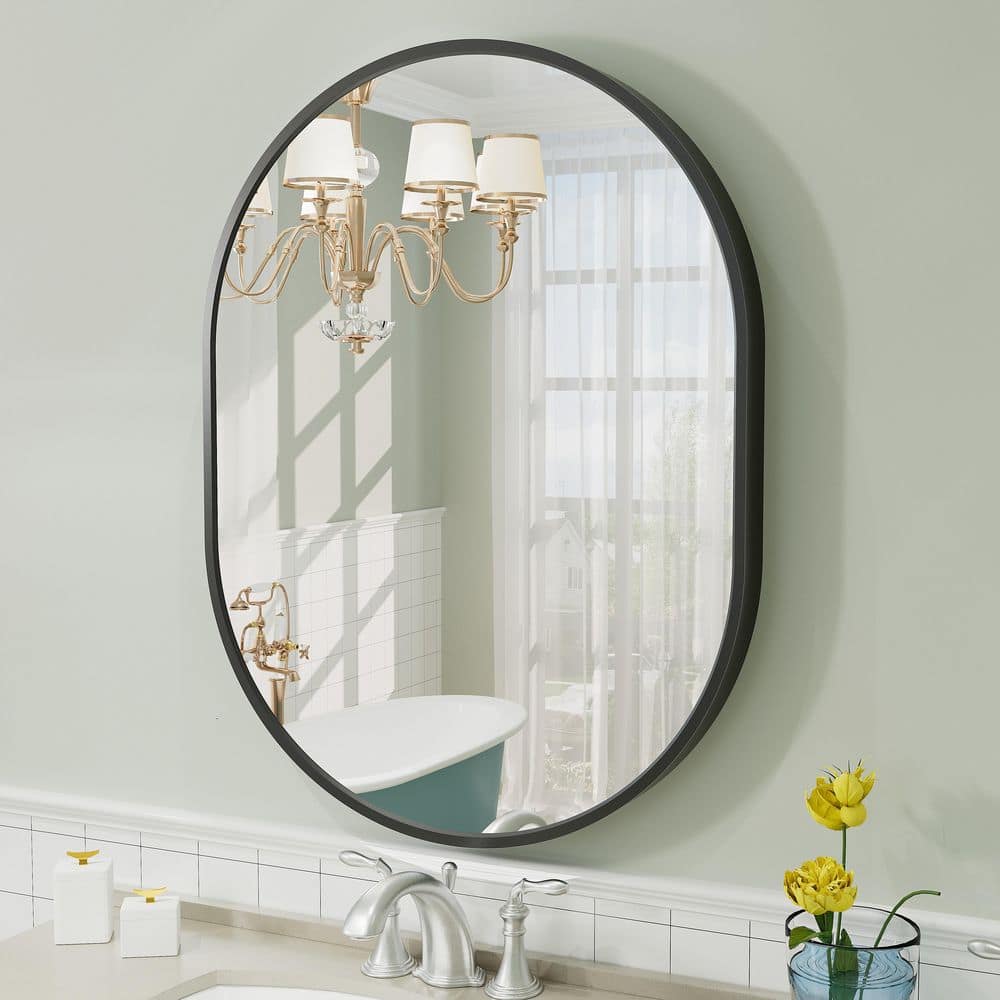 24 in. W x 32 in. H Oval Aluminum Alloy Framed and Tempered Glass Wall Decor Bathroom Vanity Mirror in Matte Black price history on PriceWatchPro