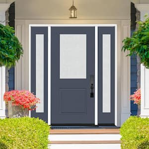 Legacy 64 in. W. x 80 in. 1/2 Lite Rain Glass RHOS Primed Dark Denim Finish Fiberglass Prehung Front Door Db 12 in. SL