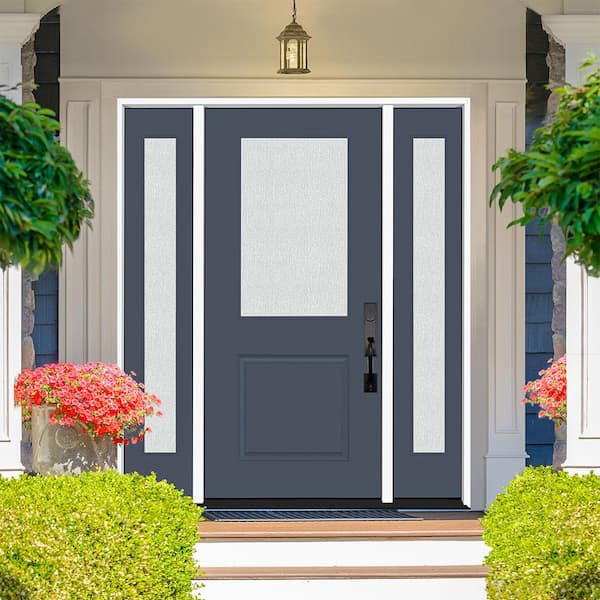 Legacy 68 in. x 80 in. 1/2 Lite Rain Glass LHIS Primed Dark Denim Finish Fiberglass Prehung Front Door w/Dbl 14 in. SL
