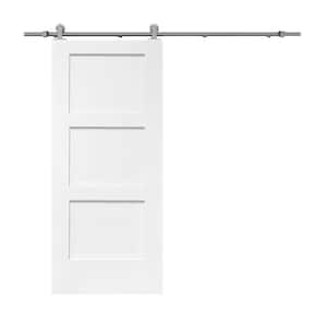 30 in. x 80 in. White Primed Composite MDF 3 Panel Equal Style Interior Sliding Barn Door with Hardware Kit