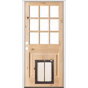 36 in. x 80 in. Right-Hand 9 Lite Clear Glass Unfinished Wood Prehung Door with Large Dog Door