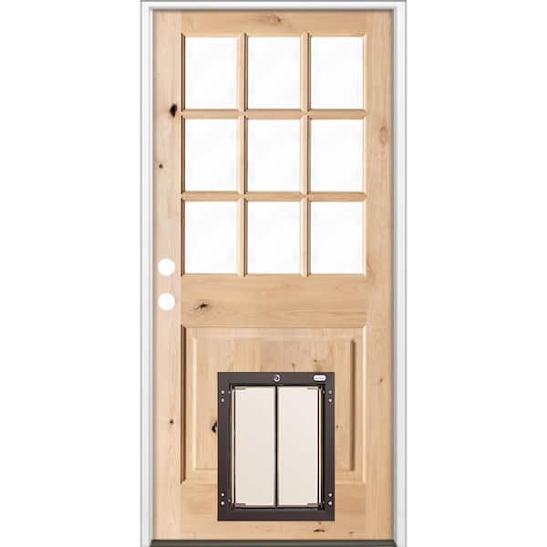Krosswood Doors 36 in. x 80 in. Right-Hand 9 Lite Clear Glass Unfinished Wood Prehung Door with Large Dog Door