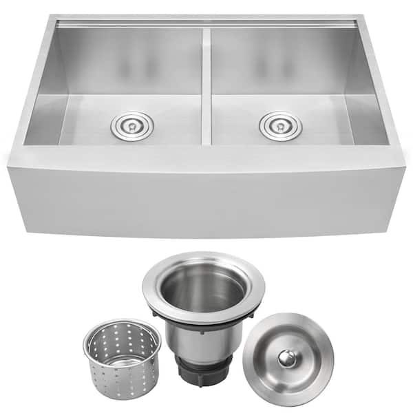 Ticor Bryce Zero Radius Farmhouse Apron Front 16-Gauge Stainless Steel 33 in. Double Basin Kitchen Sink with Basket Strainer
