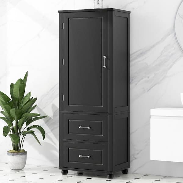 Qualler 23 in. W x 15.9 in. D x 61.4 in. H Black Wood Freestanding Linen Cabinet with Drawer and Adjustable Shelf in Black