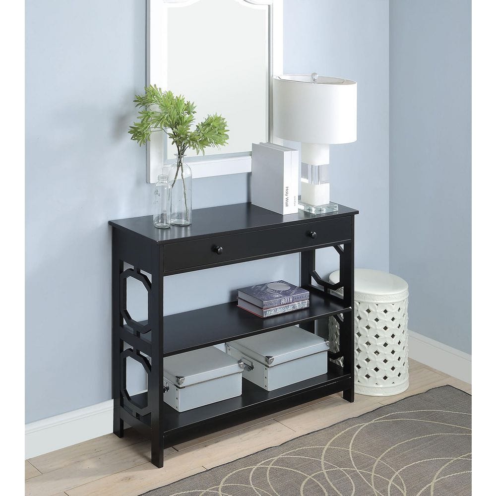 Omega Black Wood Console Table with Storage and Geometric Design