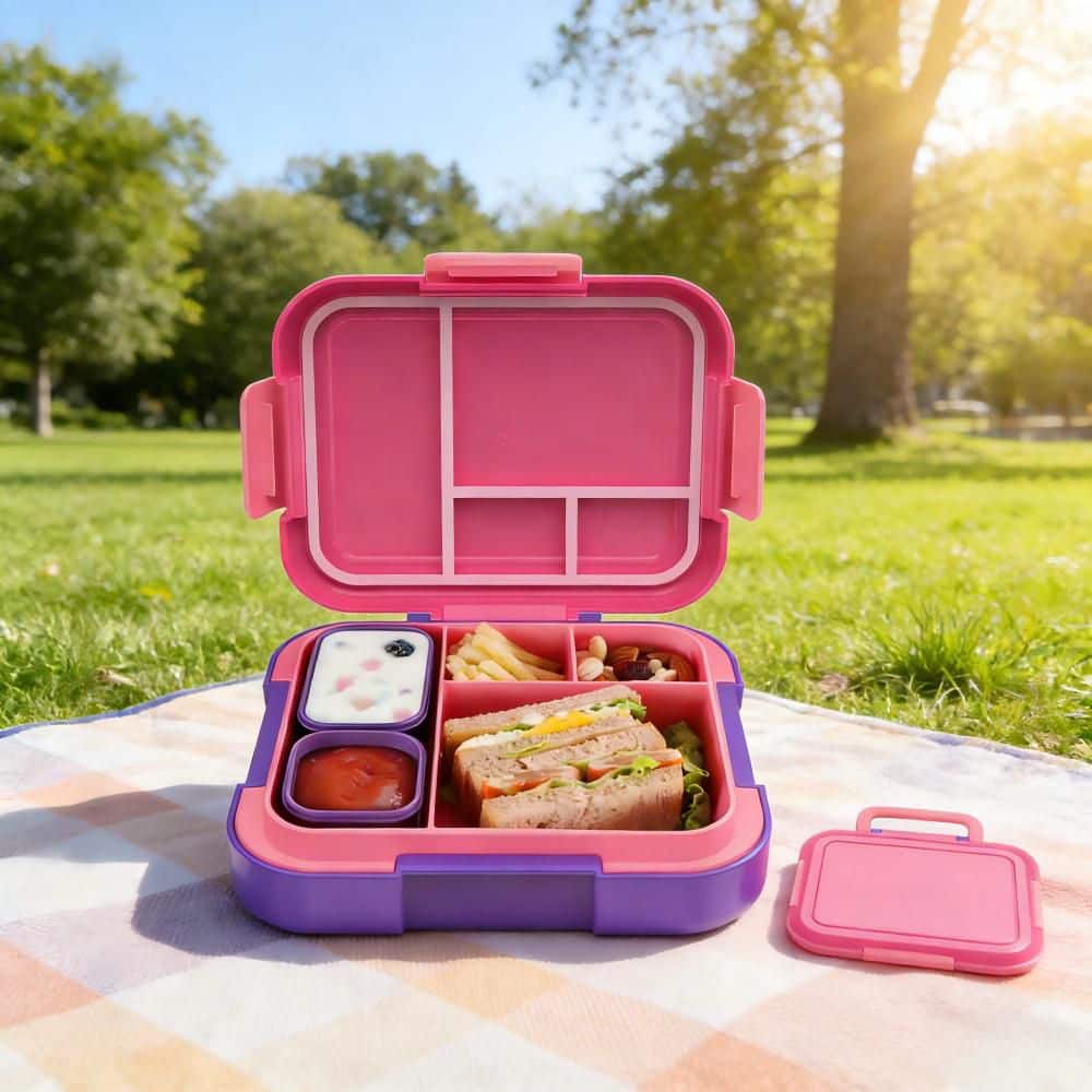 Practical Fuchsia/Purple Reusable Lunch Bag - 4-Compartment Kids Bento Container, Leak-Proof, Portable Handle (Set of 1)