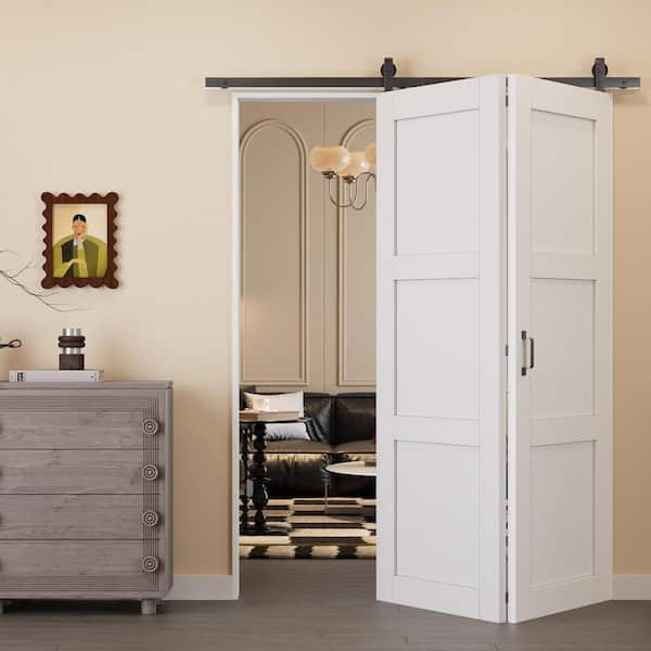 60 in. x 80 in. Paneled 3 Lite White Primed MDF Bifold Sliding Barn Door with Hardware Kit