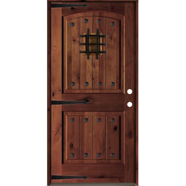 Mediterranean 36 in. x 80 in. Knotty Alder Left-Hand/Inswing Arch Top BEHR Red Mahogany Stain Wood Prehung Front Door