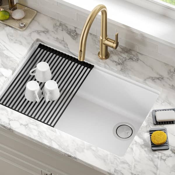 KRAUS Roll Up Dish Drying Rack with Self-Draining Silicone Dish Drying Mat and Silicone Soap Dish Holder in Dark Grey