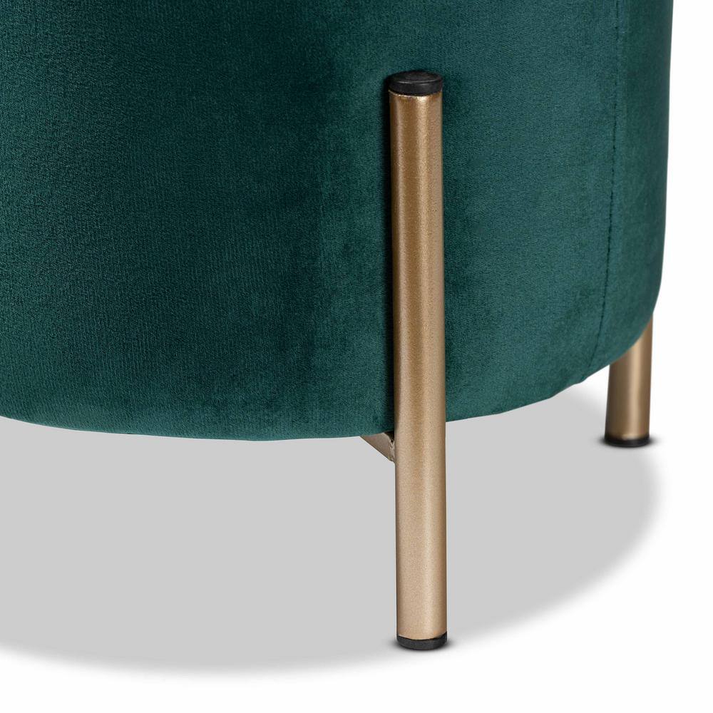 Thurman Luxe Green Velvet and Gold Metal Round Ottoman