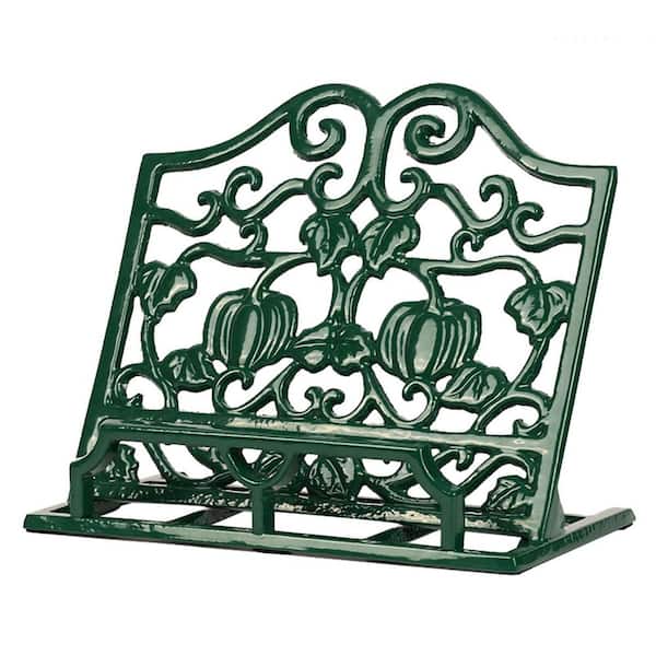 Green Vintage Wrought Iron Cookbook Stand Pumpkin Design Scratch-Free Large Recipe Holder for Kitchen Countertop