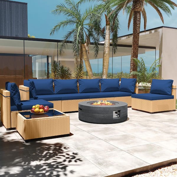 8-Piece Wicker Patio Conversation Set with Cushions and 42 in. Outdoor Round Fire Pit Table, Navy Blue Cushions