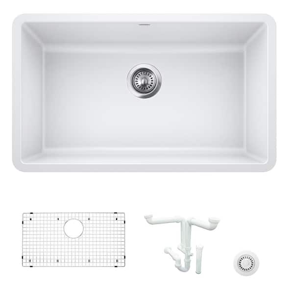 Blanco Precis 30 in. Undermount Single Bowl White Granite Composite Kitchen Sink Kit with Accessories